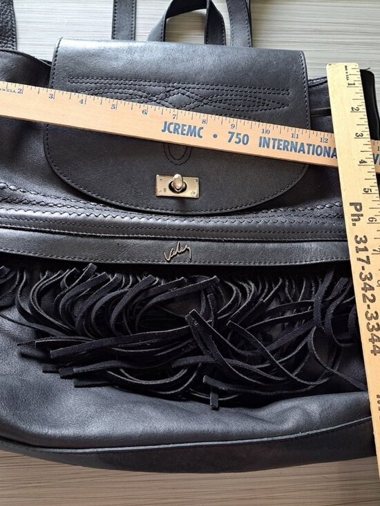 Valez Black Fringe Leather Backpack Embroidered Flap  Turn-Lock Closure Large main image 12